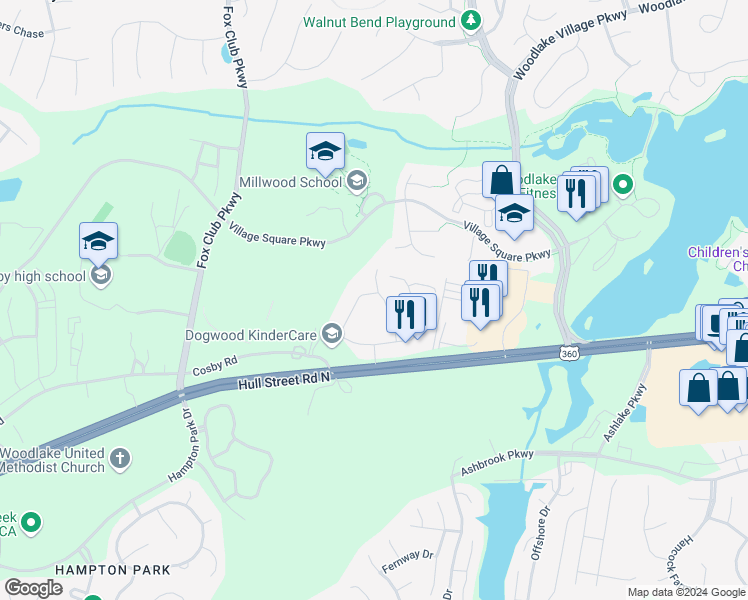 map of restaurants, bars, coffee shops, grocery stores, and more near 7401 Kousa Drive in Chesterfield