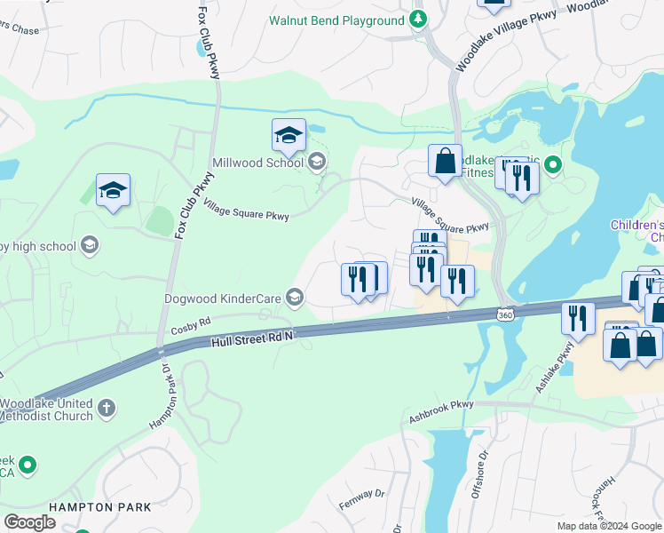 map of restaurants, bars, coffee shops, grocery stores, and more near 7401 Kousa Drive in Chesterfield