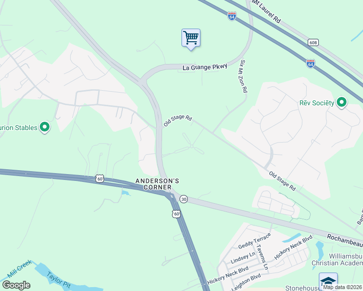 map of restaurants, bars, coffee shops, grocery stores, and more near 3229 Kenton Court in Toano