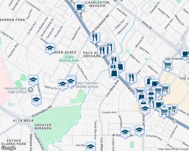 map of restaurants, bars, coffee shops, grocery stores, and more near 579 Glenbrook Drive in Palo Alto