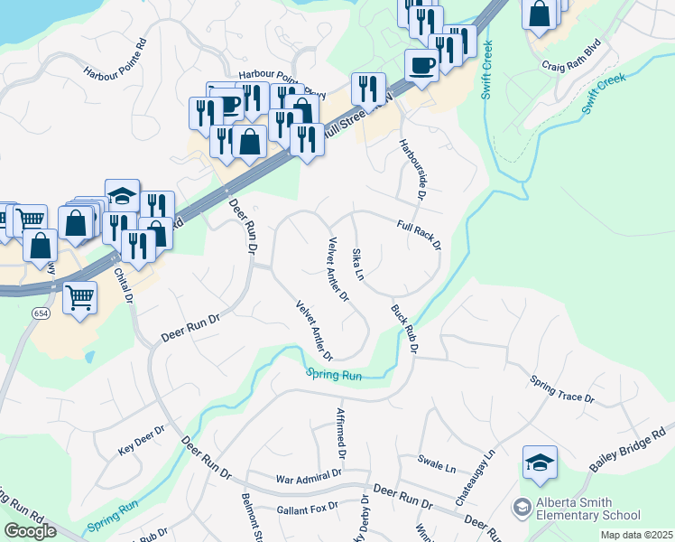 map of restaurants, bars, coffee shops, grocery stores, and more near 7236 Velvet Antler Drive in Midlothian