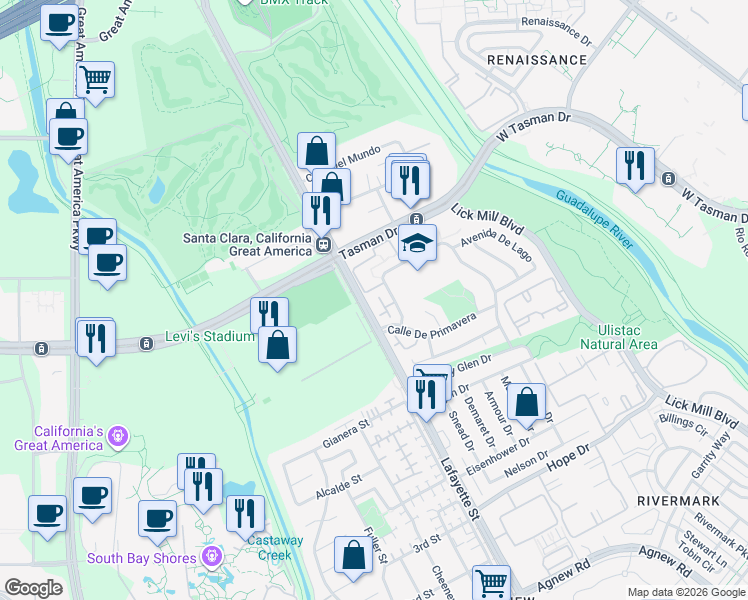 map of restaurants, bars, coffee shops, grocery stores, and more near 2389 Avenida De Guadalupe in Santa Clara