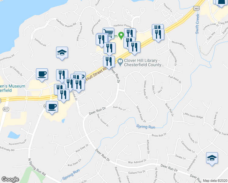 map of restaurants, bars, coffee shops, grocery stores, and more near 13805 Deer Run Court in Midlothian