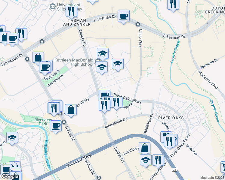 map of restaurants, bars, coffee shops, grocery stores, and more near 3401 Iron Point Drive in San Jose