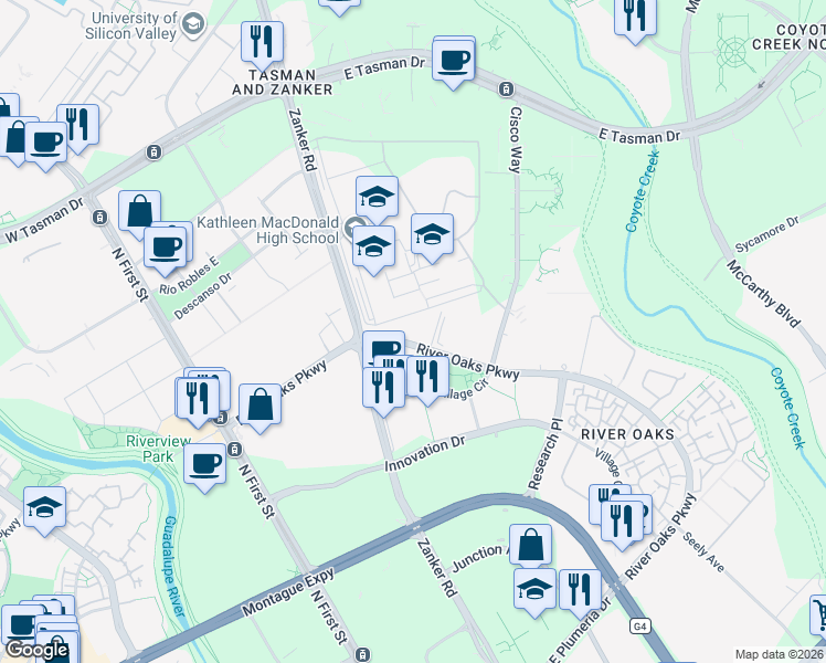 map of restaurants, bars, coffee shops, grocery stores, and more near 3401 Iron Point Drive in San Jose
