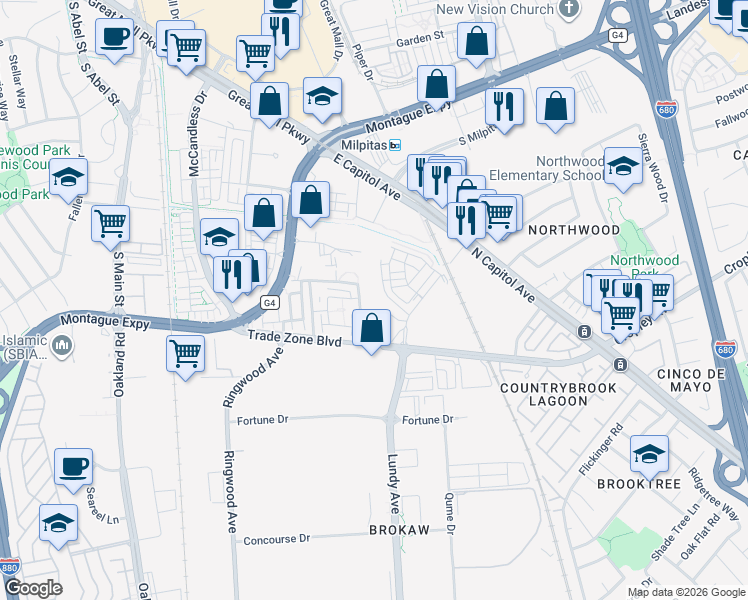 map of restaurants, bars, coffee shops, grocery stores, and more near 1819 Passage Street in Milpitas