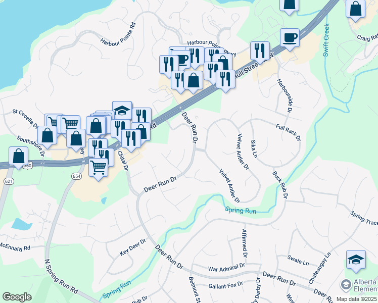 map of restaurants, bars, coffee shops, grocery stores, and more near 13805 Deer Run Court in Midlothian
