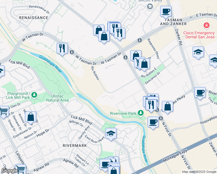 map of restaurants, bars, coffee shops, grocery stores, and more near 77 Rio Robles in San Jose
