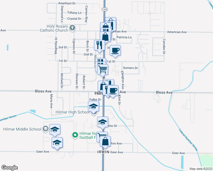 map of restaurants, bars, coffee shops, grocery stores, and more near 8106 Lander Avenue in Hilmar