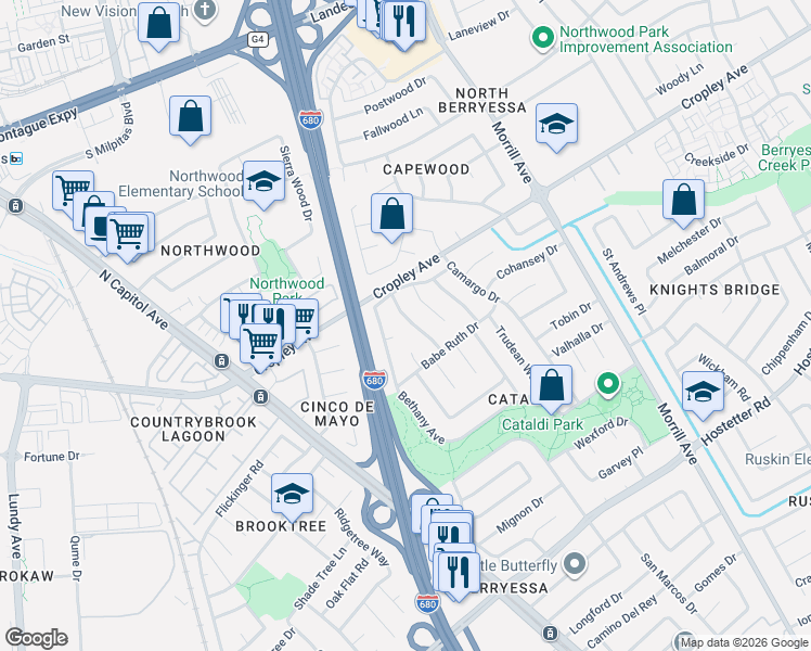 map of restaurants, bars, coffee shops, grocery stores, and more near 1883 Anne Marie Court in San Jose