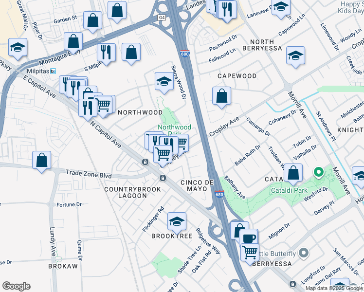 map of restaurants, bars, coffee shops, grocery stores, and more near 1902 Lakewood Drive in San Jose