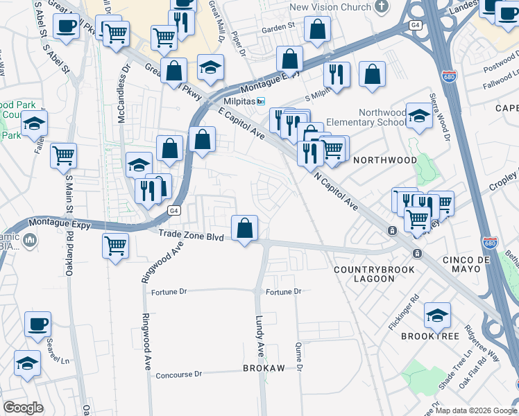 map of restaurants, bars, coffee shops, grocery stores, and more near 1901 Tarob Court in Milpitas
