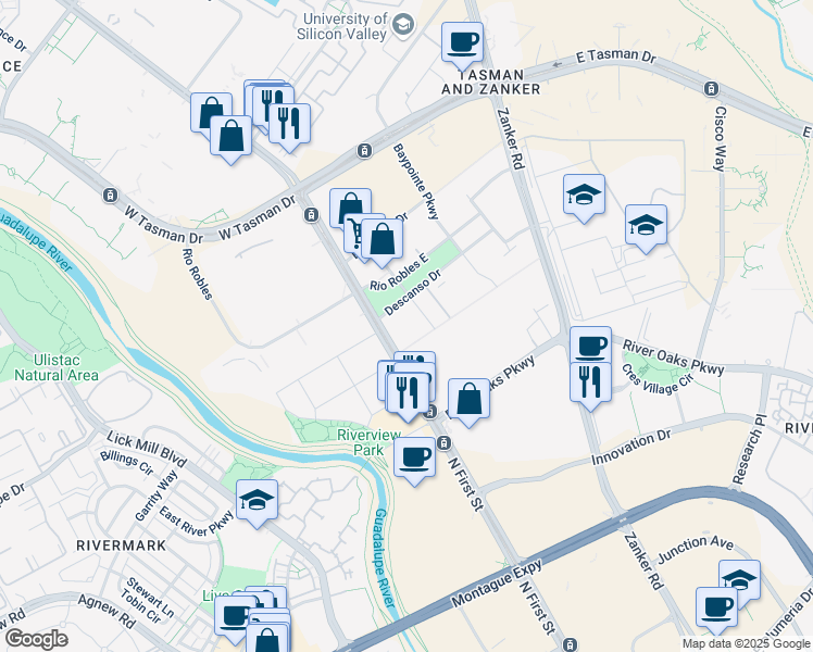 map of restaurants, bars, coffee shops, grocery stores, and more near 8 Descanso Drive in San Jose