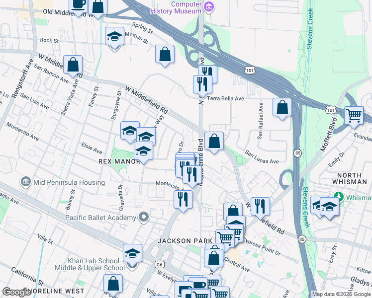 map of restaurants, bars, coffee shops, grocery stores, and more near 750 North Shoreline Boulevard in Mountain View