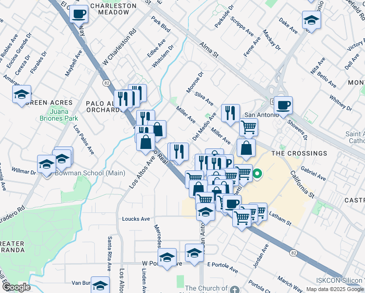 map of restaurants, bars, coffee shops, grocery stores, and more near 4345 Cesano Court in Palo Alto