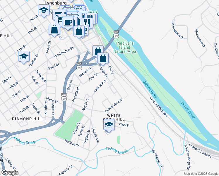 map of restaurants, bars, coffee shops, grocery stores, and more near 214 Race Street in Lynchburg