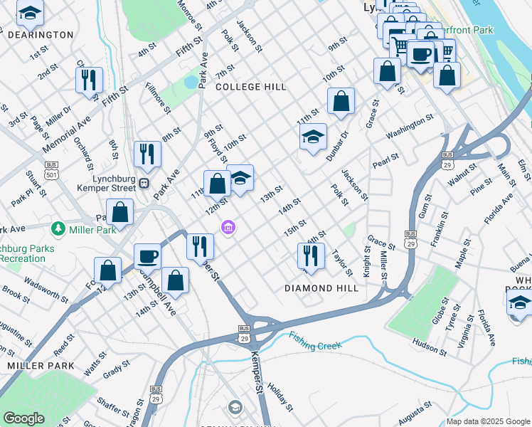 map of restaurants, bars, coffee shops, grocery stores, and more near 1310 Wise Street in Lynchburg