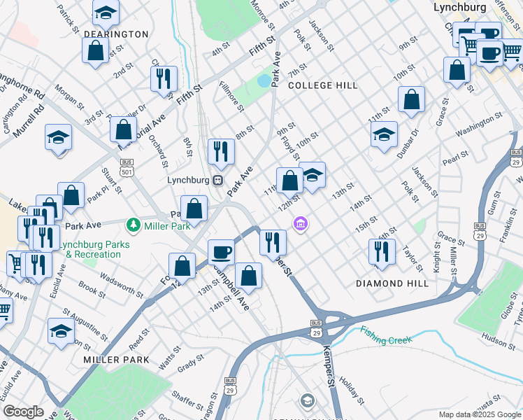 map of restaurants, bars, coffee shops, grocery stores, and more near 1023 Buchanan St in Lynchburg