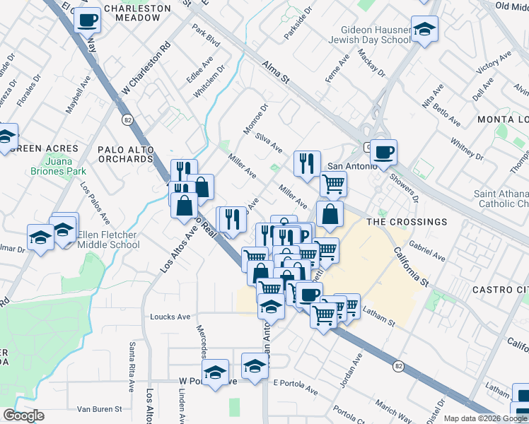 map of restaurants, bars, coffee shops, grocery stores, and more near 2680 Fayette Drive in Mountain View
