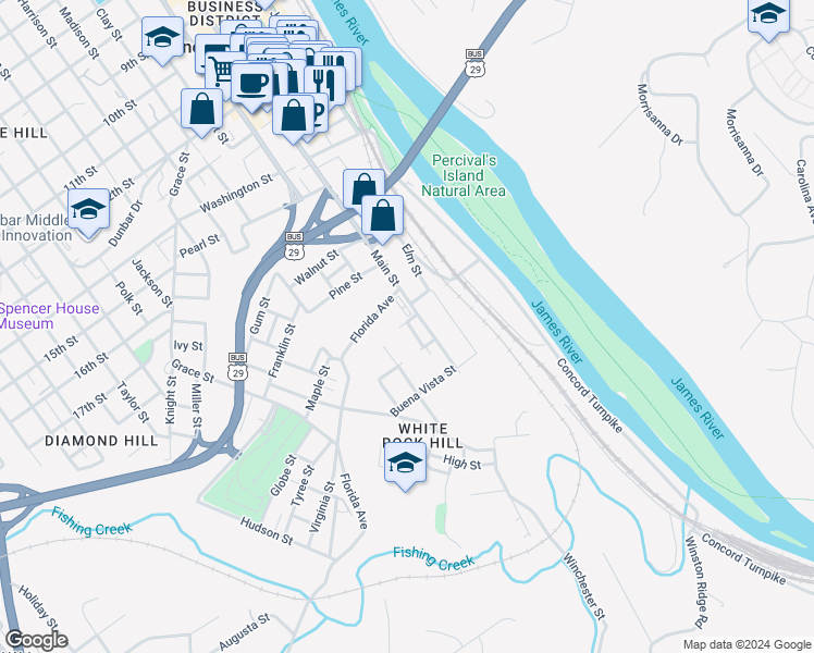 map of restaurants, bars, coffee shops, grocery stores, and more near 214 Race Street in Lynchburg