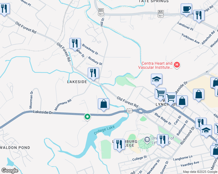 map of restaurants, bars, coffee shops, grocery stores, and more near 839 Old Forest Road in Lynchburg