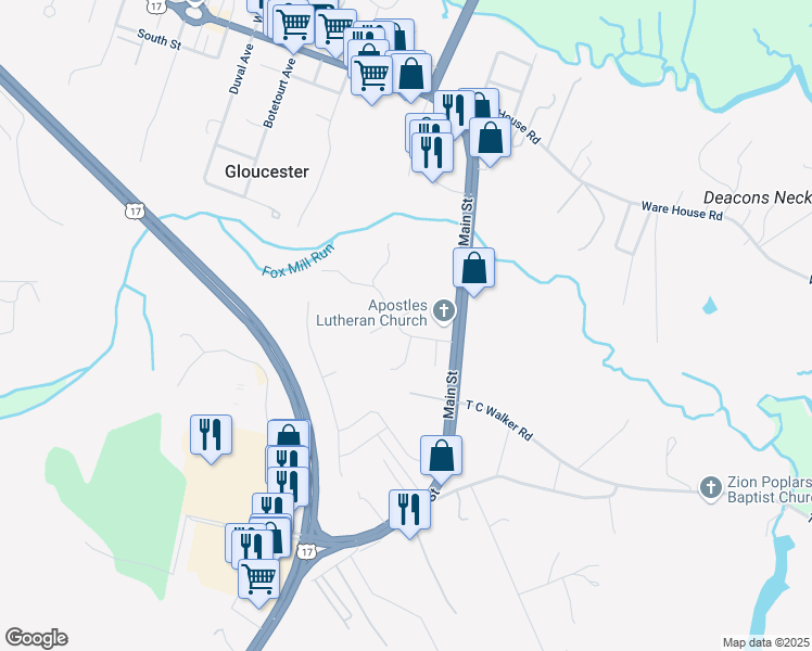 map of restaurants, bars, coffee shops, grocery stores, and more near 7017 Fox Mill Run Drive in Gloucester Courthouse