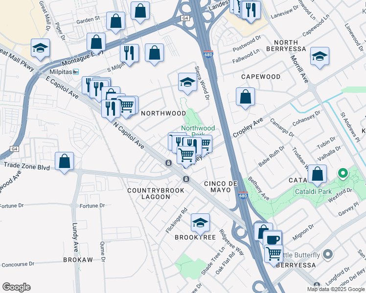 map of restaurants, bars, coffee shops, grocery stores, and more near 2708 Royalvale Way in San Jose