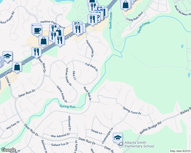 map of restaurants, bars, coffee shops, grocery stores, and more near 6905 Full Rack Court in Midlothian