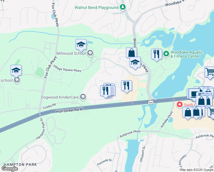 map of restaurants, bars, coffee shops, grocery stores, and more near 15013 Dogwood Villas Place in Chesterfield