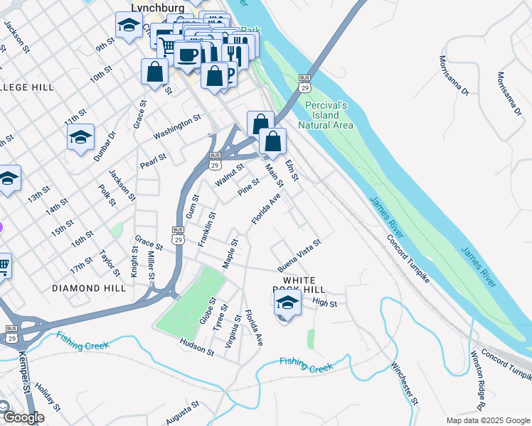 map of restaurants, bars, coffee shops, grocery stores, and more near 314 Florida Avenue in Lynchburg