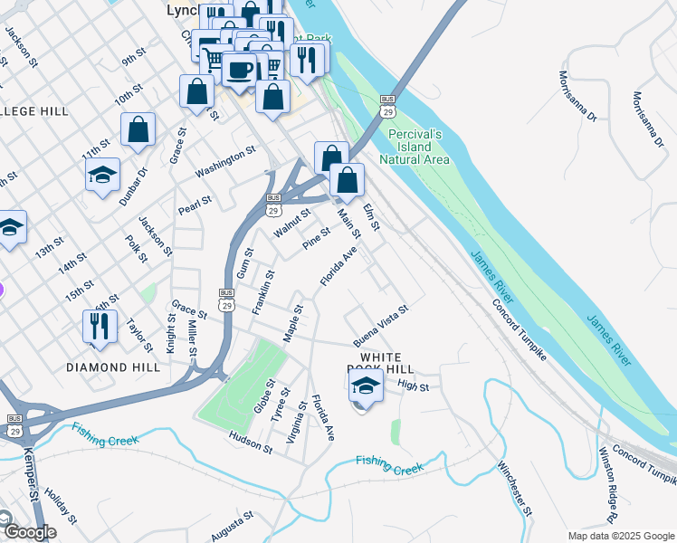 map of restaurants, bars, coffee shops, grocery stores, and more near 314 Florida Avenue in Lynchburg