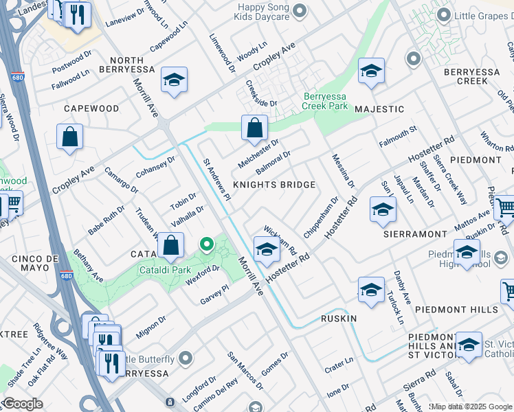 map of restaurants, bars, coffee shops, grocery stores, and more near 2873 Westberry Drive in San Jose