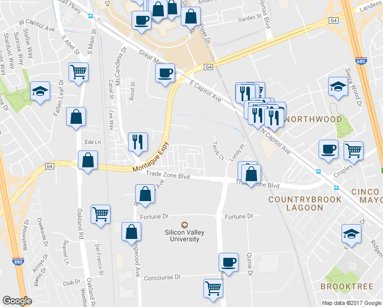 map of restaurants, bars, coffee shops, grocery stores, and more near 1890 Trento Loop in Milpitas