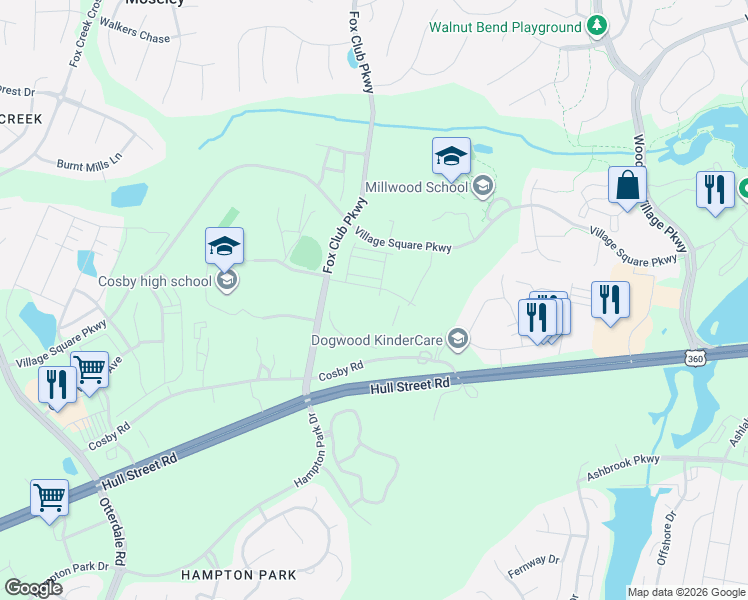 map of restaurants, bars, coffee shops, grocery stores, and more near 15300 Cosby Road in Chesterfield