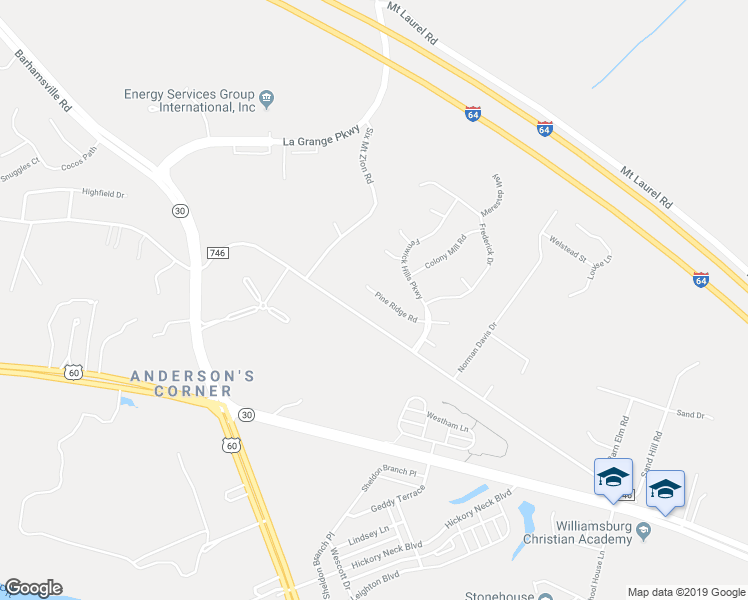 map of restaurants, bars, coffee shops, grocery stores, and more near 3531 Pine Ridge Road in Toano