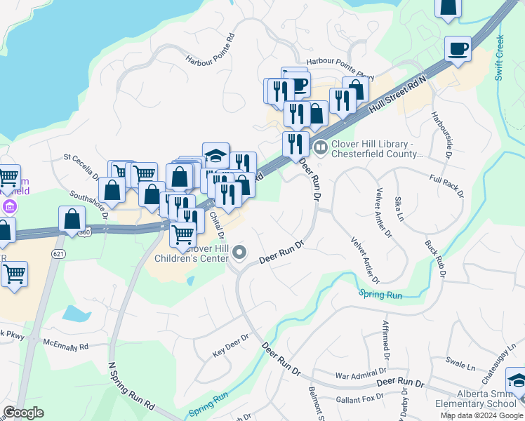 map of restaurants, bars, coffee shops, grocery stores, and more near 6900 Deer Run Lane in Midlothian