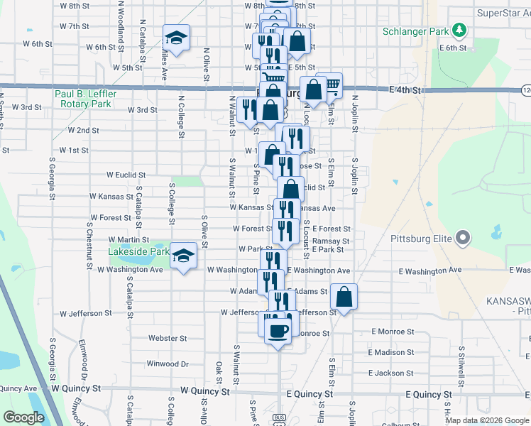 map of restaurants, bars, coffee shops, grocery stores, and more near 100-182 W Kansas St in Pittsburg
