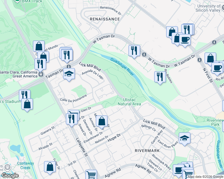 map of restaurants, bars, coffee shops, grocery stores, and more near 1790 Nantucket Circle in Santa Clara