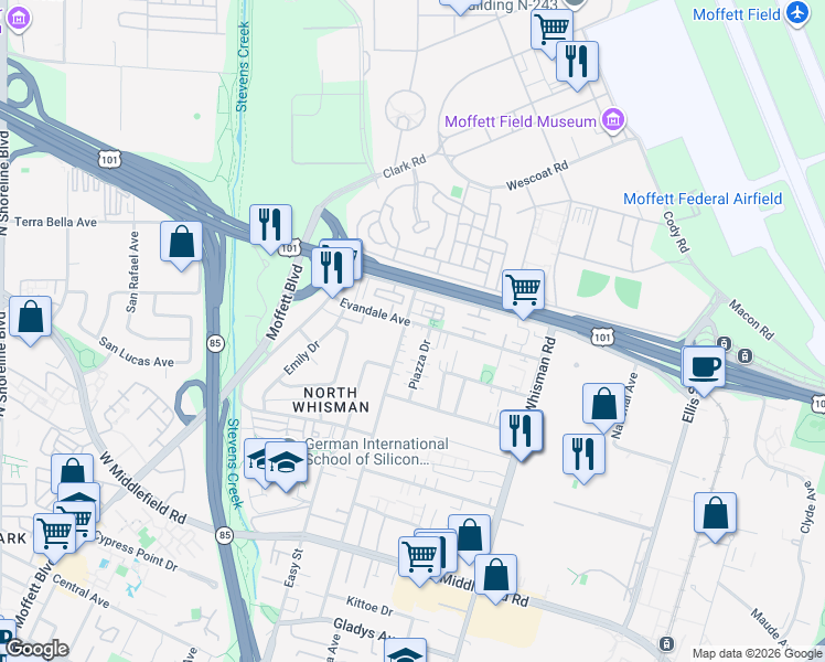 map of restaurants, bars, coffee shops, grocery stores, and more near 107 Evandale Avenue in Mountain View