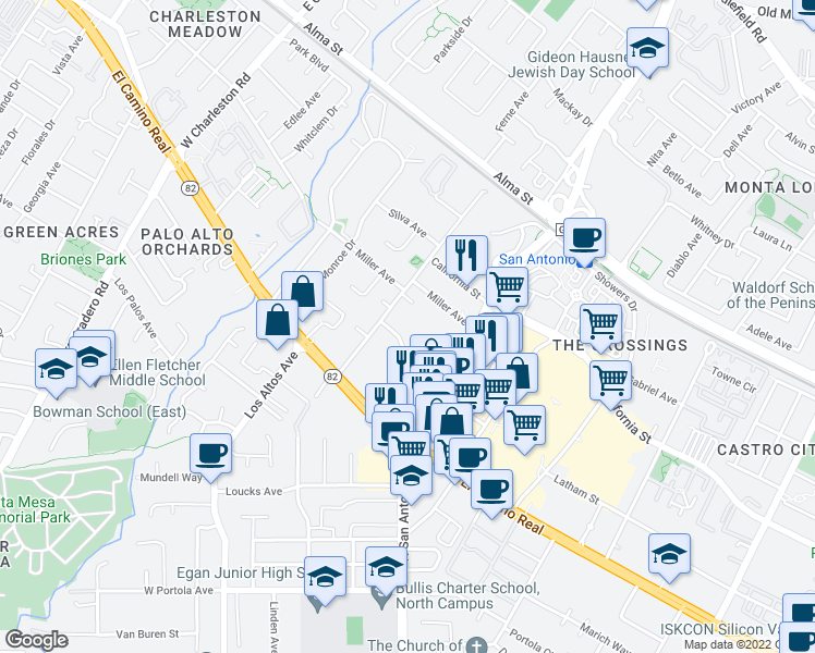 map of restaurants, bars, coffee shops, grocery stores, and more near 2655 Miller Avenue in Mountain View