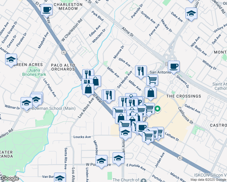 map of restaurants, bars, coffee shops, grocery stores, and more near 470 Del Medio Avenue in Mountain View