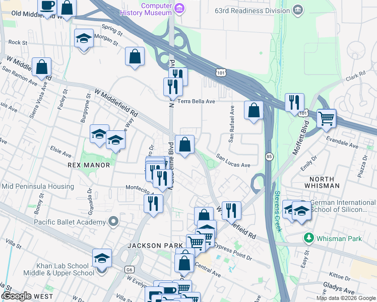 map of restaurants, bars, coffee shops, grocery stores, and more near 871 Linda Vista Avenue in Mountain View