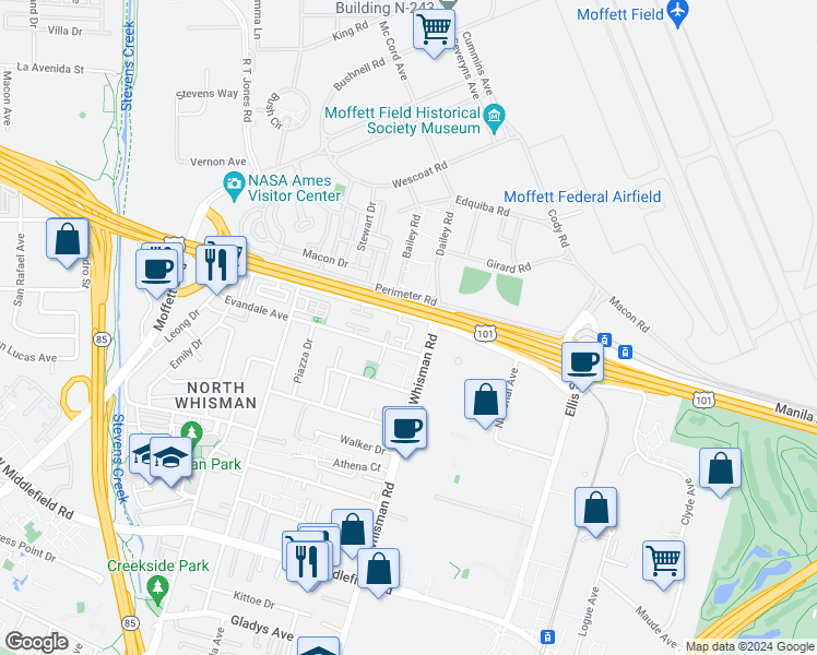 map of restaurants, bars, coffee shops, grocery stores, and more near 270 Ariana Place in Mountain View