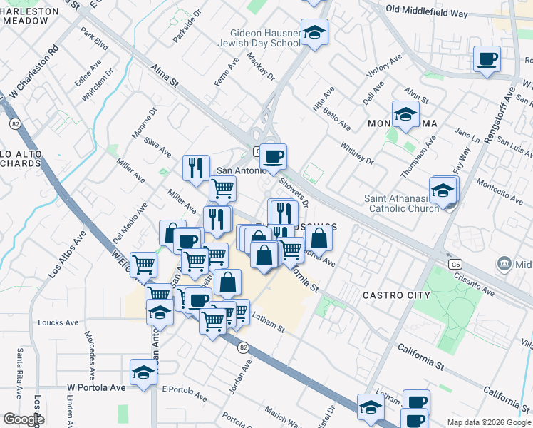 map of restaurants, bars, coffee shops, grocery stores, and more near 141 Laurel Way in Mountain View
