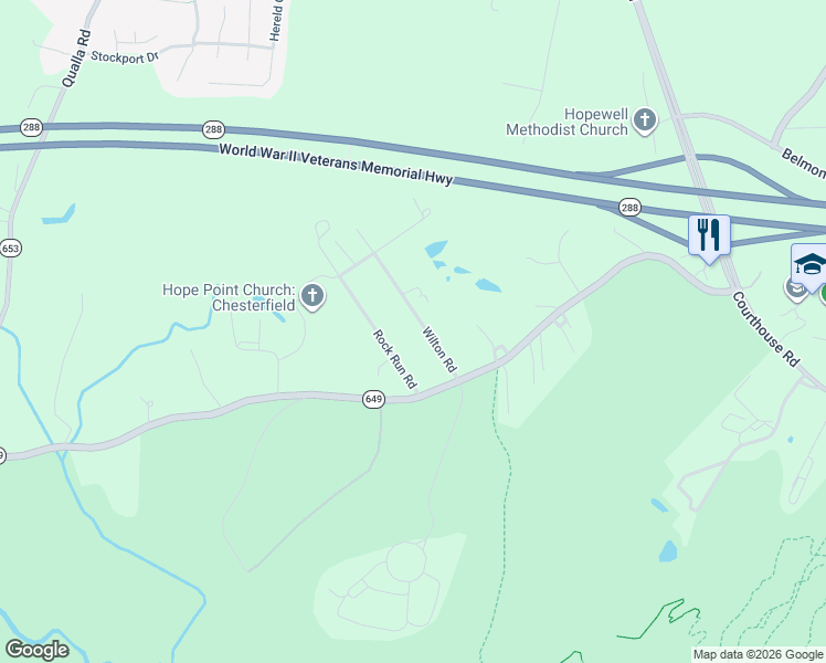 map of restaurants, bars, coffee shops, grocery stores, and more near 6600 Wilton Road in Chesterfield