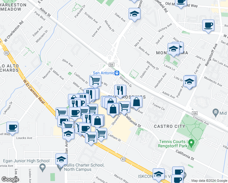 map of restaurants, bars, coffee shops, grocery stores, and more near 141 Laurel Way in Mountain View