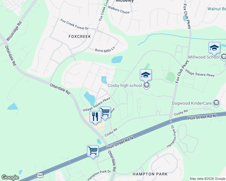 map of restaurants, bars, coffee shops, grocery stores, and more near 15738 Cosby Road in Chesterfield