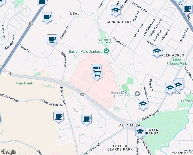 map of restaurants, bars, coffee shops, grocery stores, and more near 3801 Miranda Avenue in Palo Alto