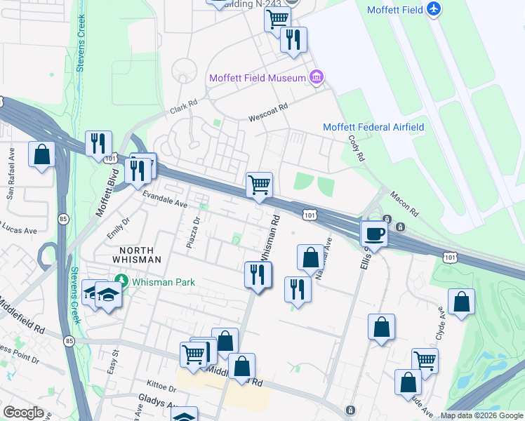 map of restaurants, bars, coffee shops, grocery stores, and more near 268 Ariana Place in Mountain View