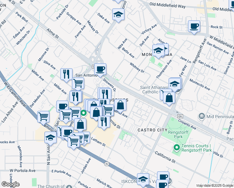 map of restaurants, bars, coffee shops, grocery stores, and more near 49 Showers Drive in Mountain View